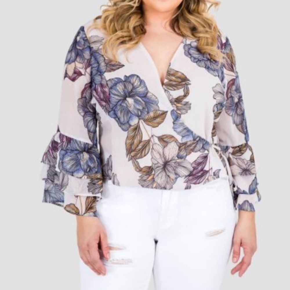 Standards & Practices Miley Ruffle Flare Sleeve Top - Floral Print Chiffon 1X